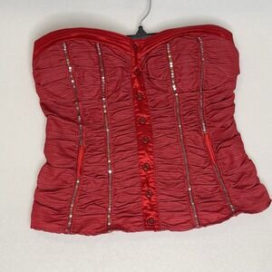 Red Ruched Sequin Button Front Corset Top Bustier‎ Shirt L